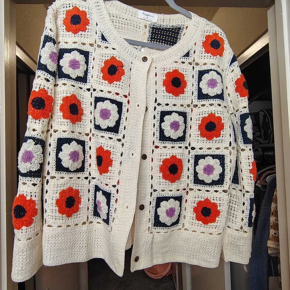 Knit multicolored sweater with front buttons - Picture 2 of 8